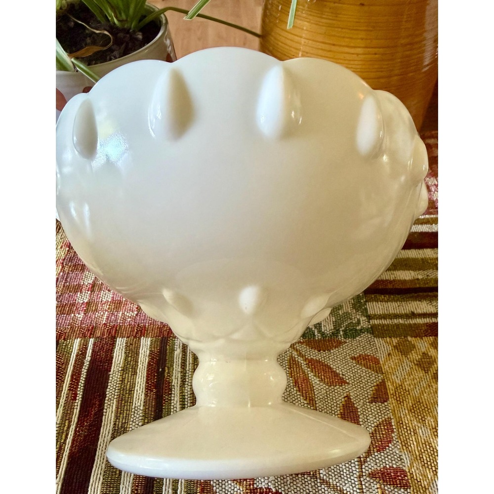 Fenton Milk Glass Teardrop Pedestal Bowl, Mid Century Scalloped Compote Dish